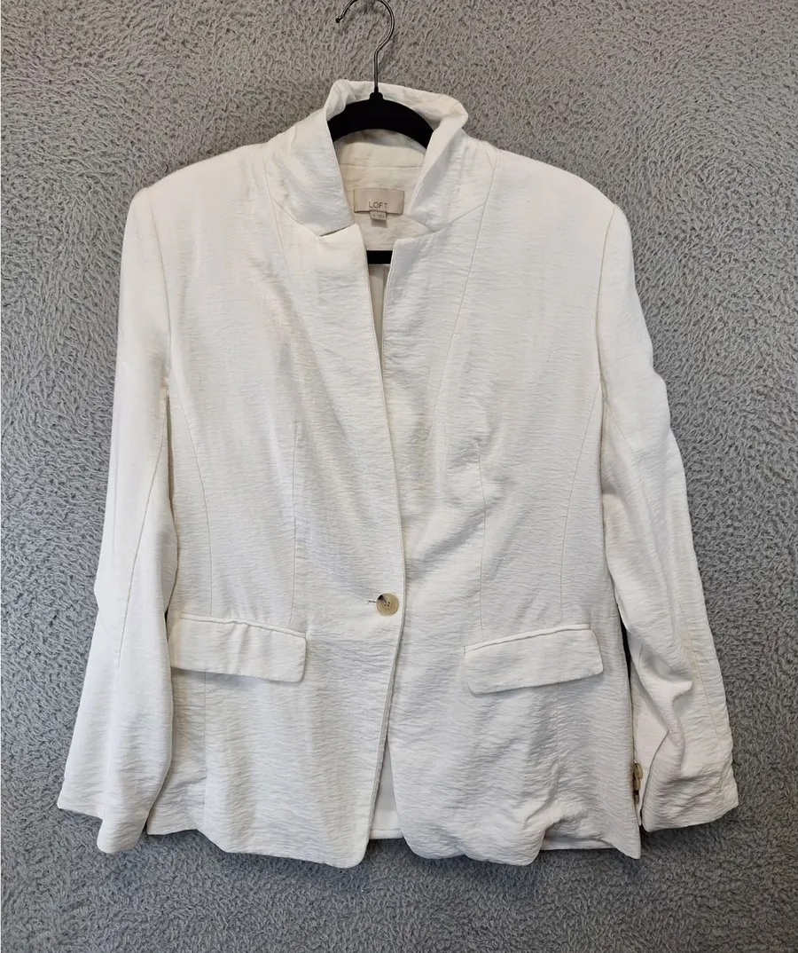 LOFT Textured Blazer Jacket Womens 10 White Formal Lightweight Single Breasted