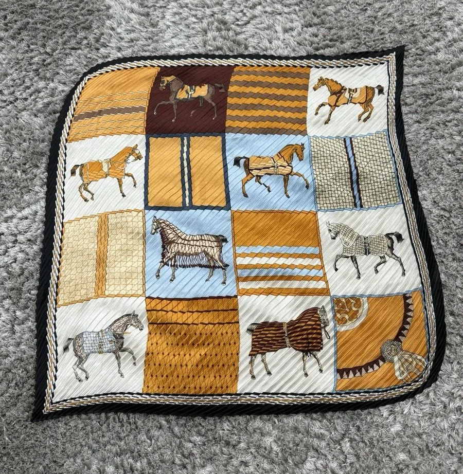Vintage Pleated Scarf Equestrian Horse Print Gold Blue Yellow Square Neck Wrap Brown
