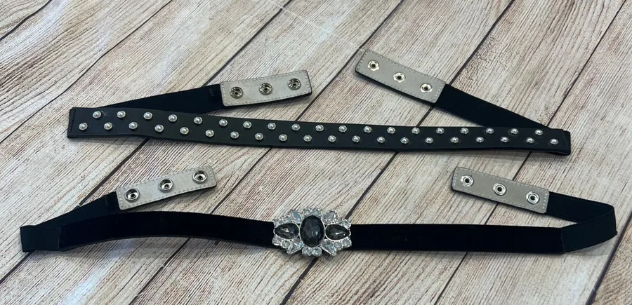 WHBM Set of 2 Women Black Elastic Waist Belts Rhinestone Studded Pearl Cinch