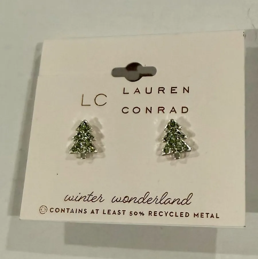 LC Lauren Conrad Green silver Crystal Christmas Tree Stud cute gift Earrings