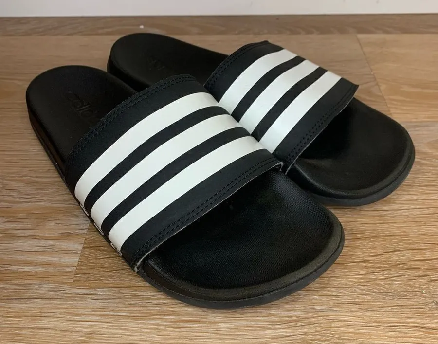 Adidas Women’s Black White Striped Slide Sandals, Size 8