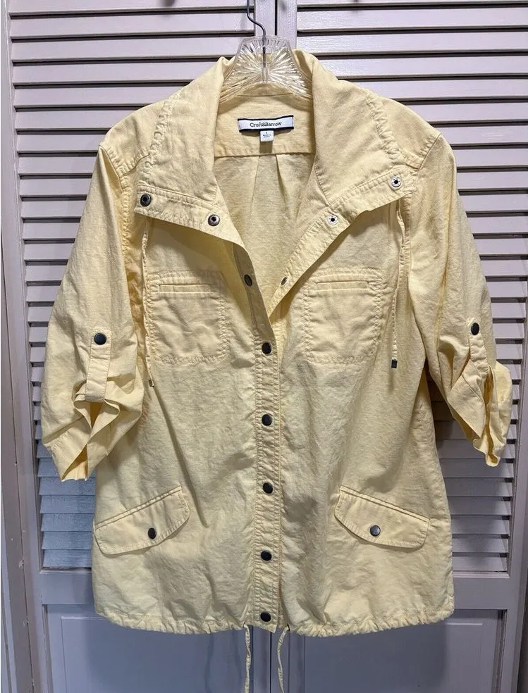 Croft & Barrow Long Tab Sleeve Snap Up Yellow Jacket Size L Pockets Ties Linen