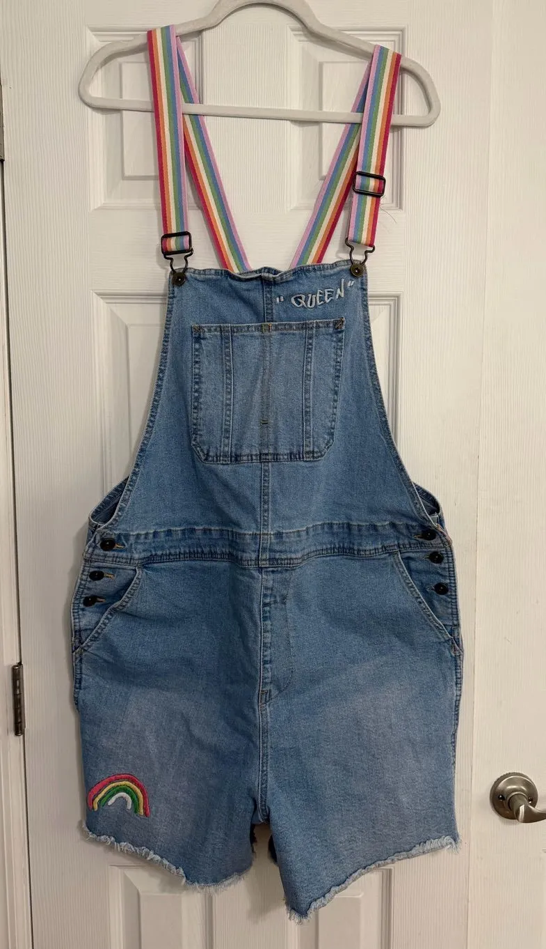 Denim Rainbow Stripe queen embroidered Overalls cut off Shorts women’s size XL