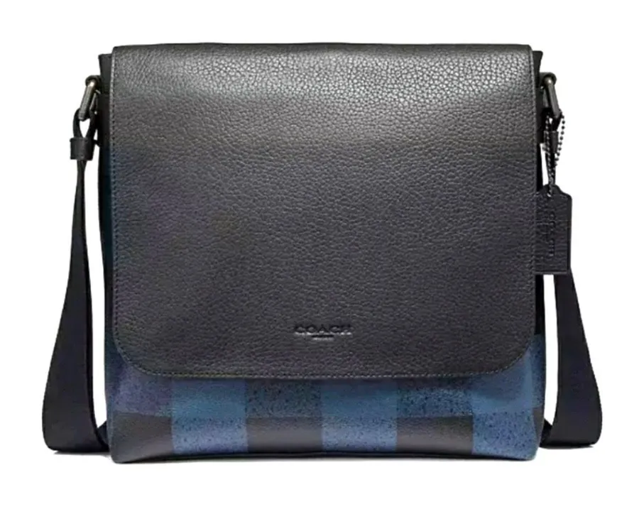 COACH | CHARLES MESSENGER CROSSBODY BUFFALO CHECKER FLAP BAG IN BLUE AND BLACK