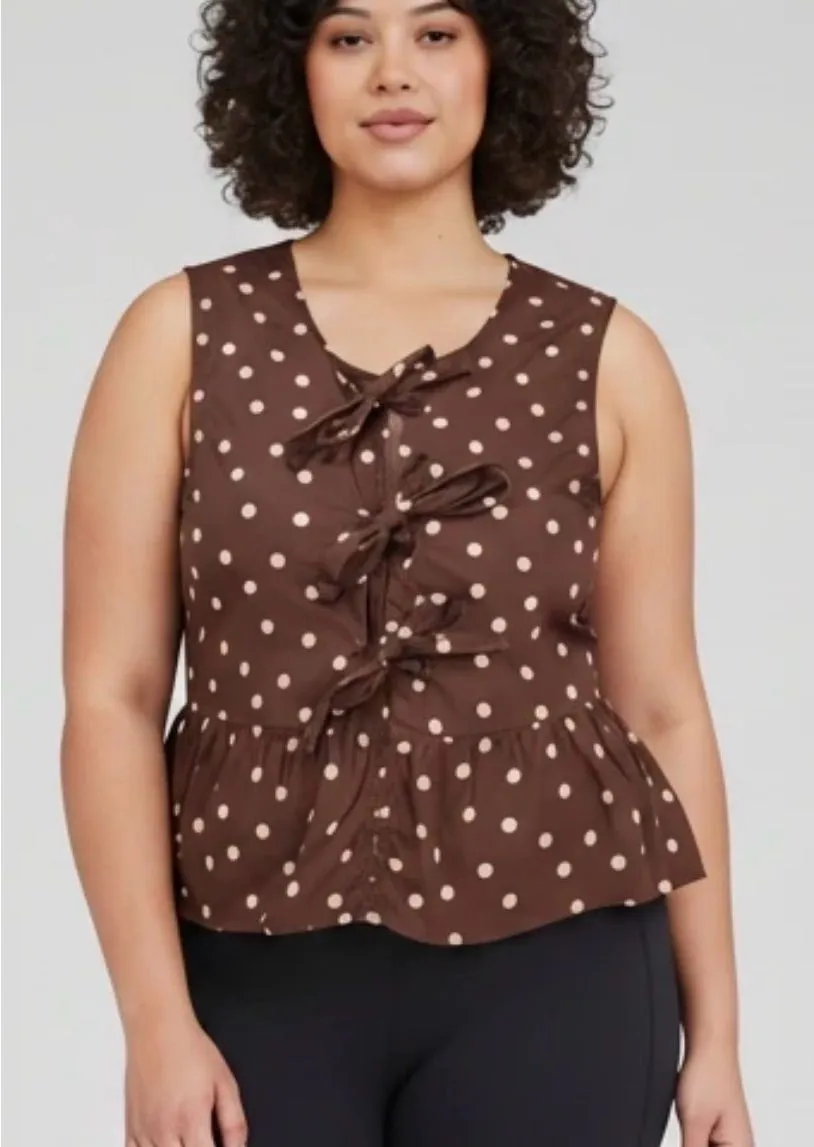 Vigoss Brown Polka Dot Bow-Front Cotton Tank