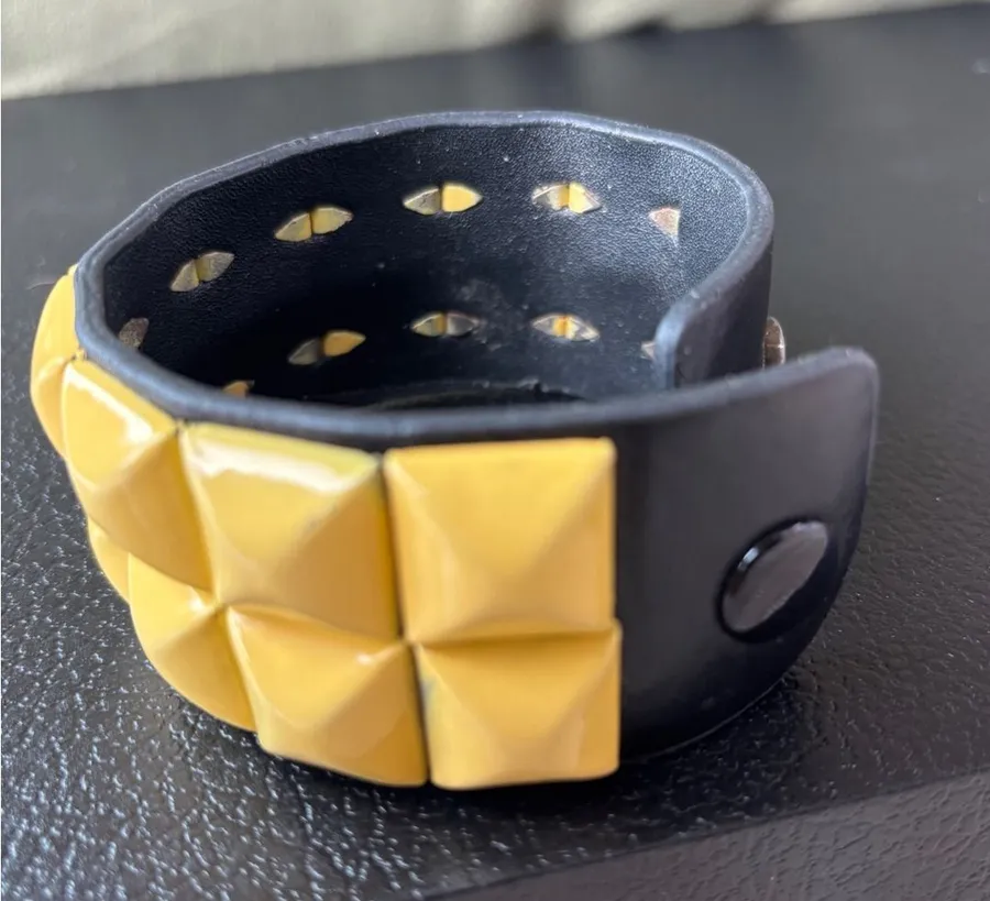 Yellow Pyramid Studded Black Faux Leather Punk Cuff Bracelet Snap Closure