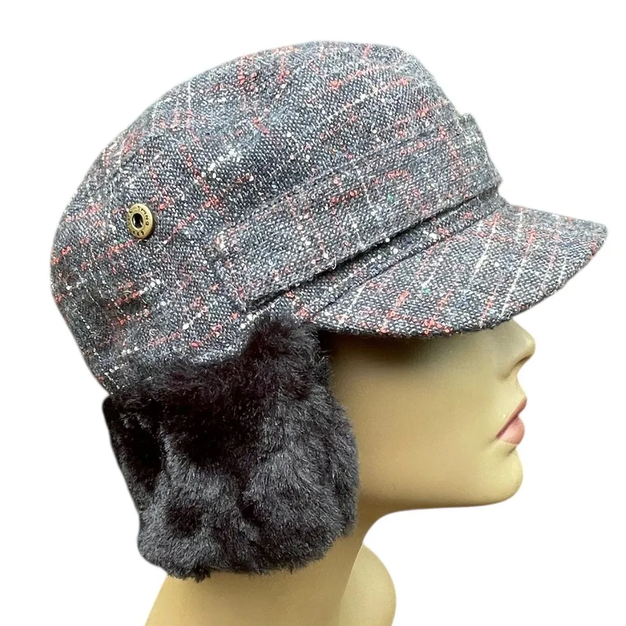 Nobis Plaid Tweed Faux Fur Ear Flaps Trapper Hat Cap Gray Red Winter Warm NWT