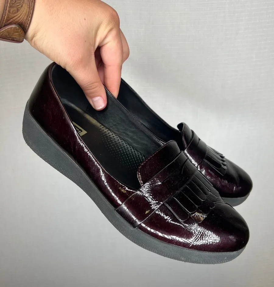 FitFlop F-Pop Kiltie Loafers Burgundy Patent Leather Supercomff Womens 8.5