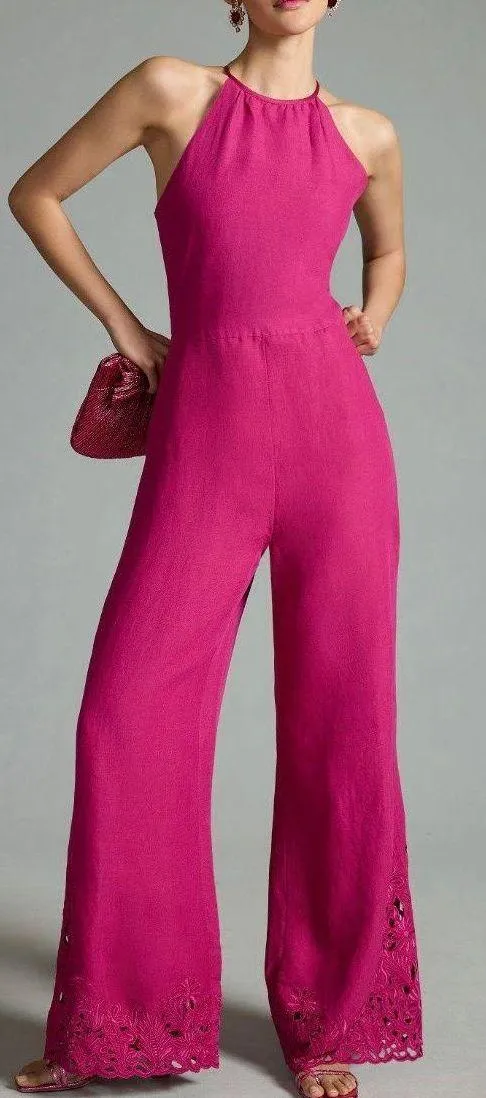 Linen Blend Cutwork Jumpsuit, Size 6