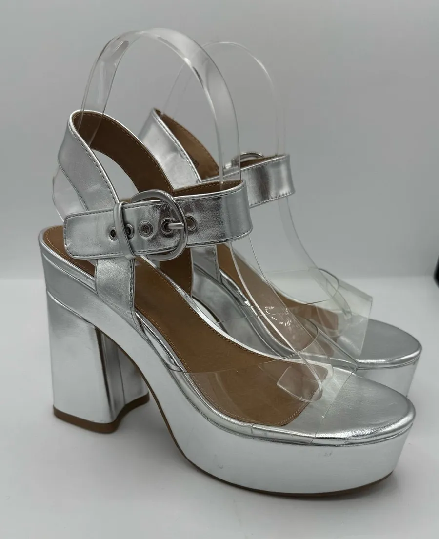 Dolce Vita Wayward Silver Platform Block Heel Sandals Metallic Slingback Sz 7.5