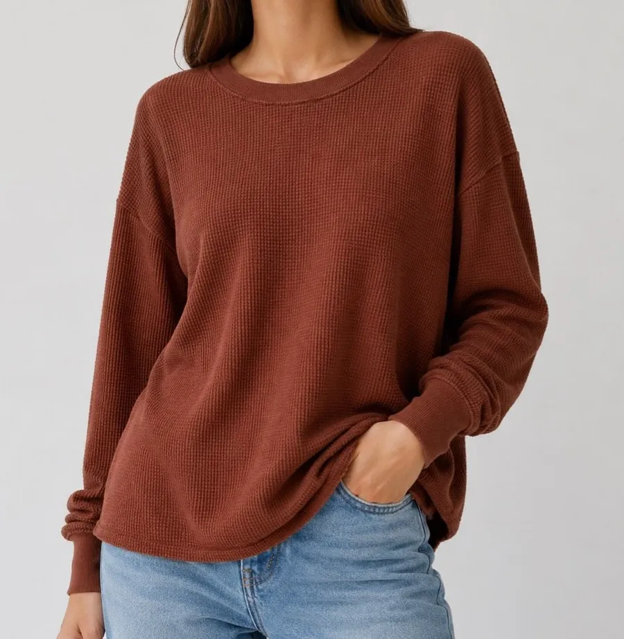 Reformation M Brown Organic Cotton Waffle Thermal Long Sleeve Top