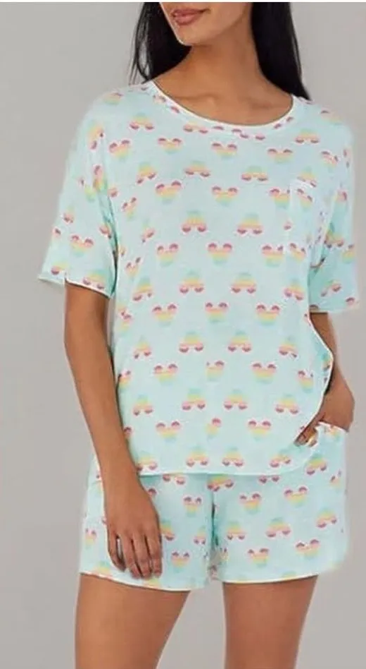 Disney 2 Piece Rainbow Mickey Print Summer Pajama Set in Aqua Mint. EUC. Stretchy and super soft. Short sleeve top with shorts. Oversized fit on top. Top: 21” bust 21.5” long. Pants: 13-17” waist 10.5” rise 4.5” inseam LGBTQIAS+