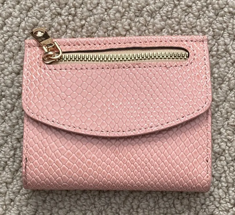 Compact Pink Textured Faux Snake Skin Women's Wallet Gold Zipper