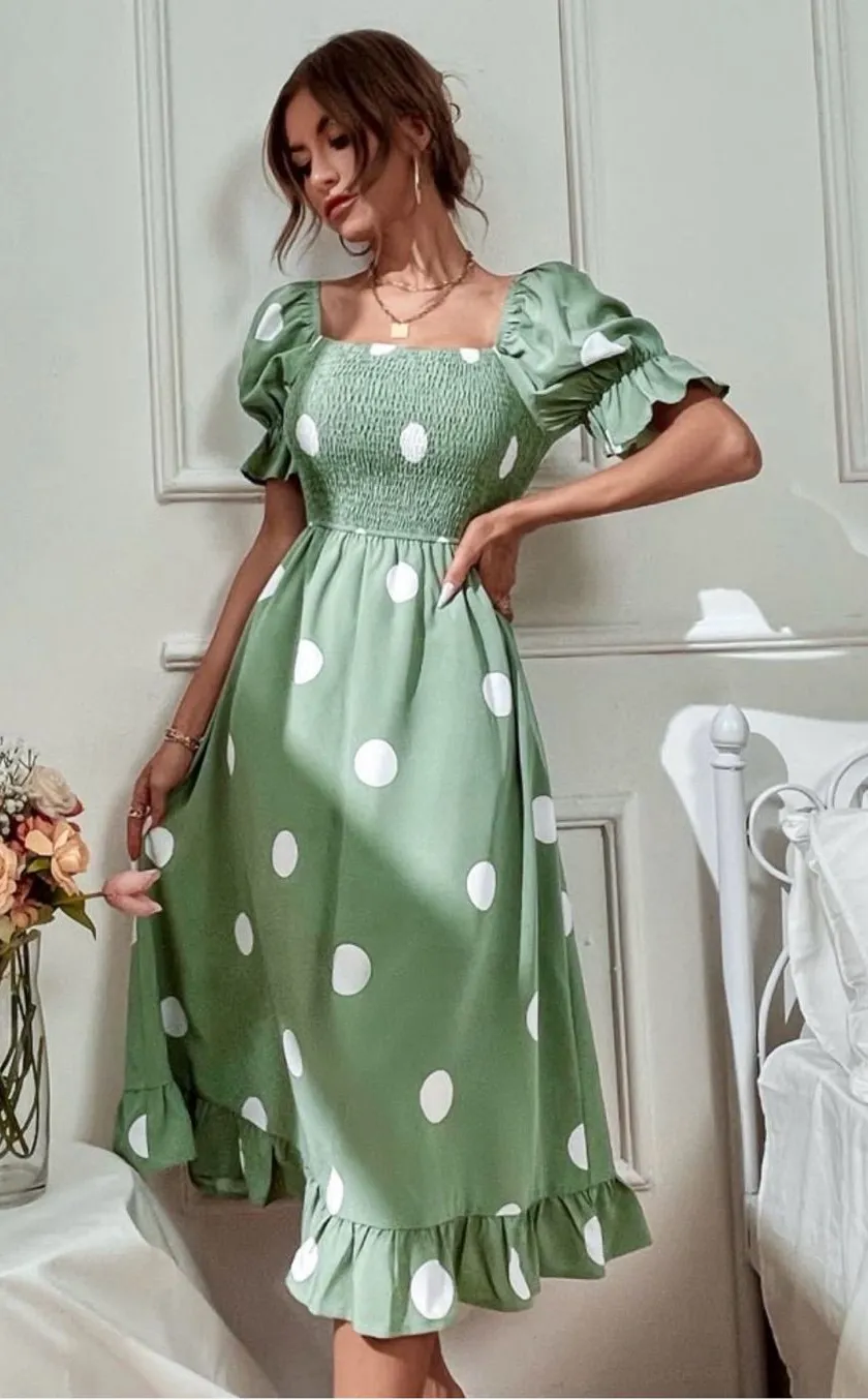 Green Polka Dot Puff Sleeve Midi Dress Size M