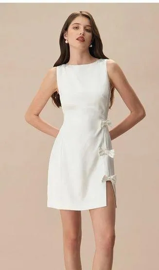 RIHOAS The White Boat Neck Bowknot Satin Mini Dress Size XS