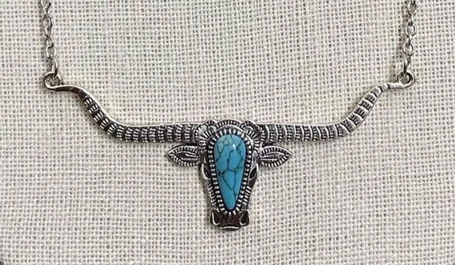 Turquoise Jeweled Texas Longhorn Necklace Silver