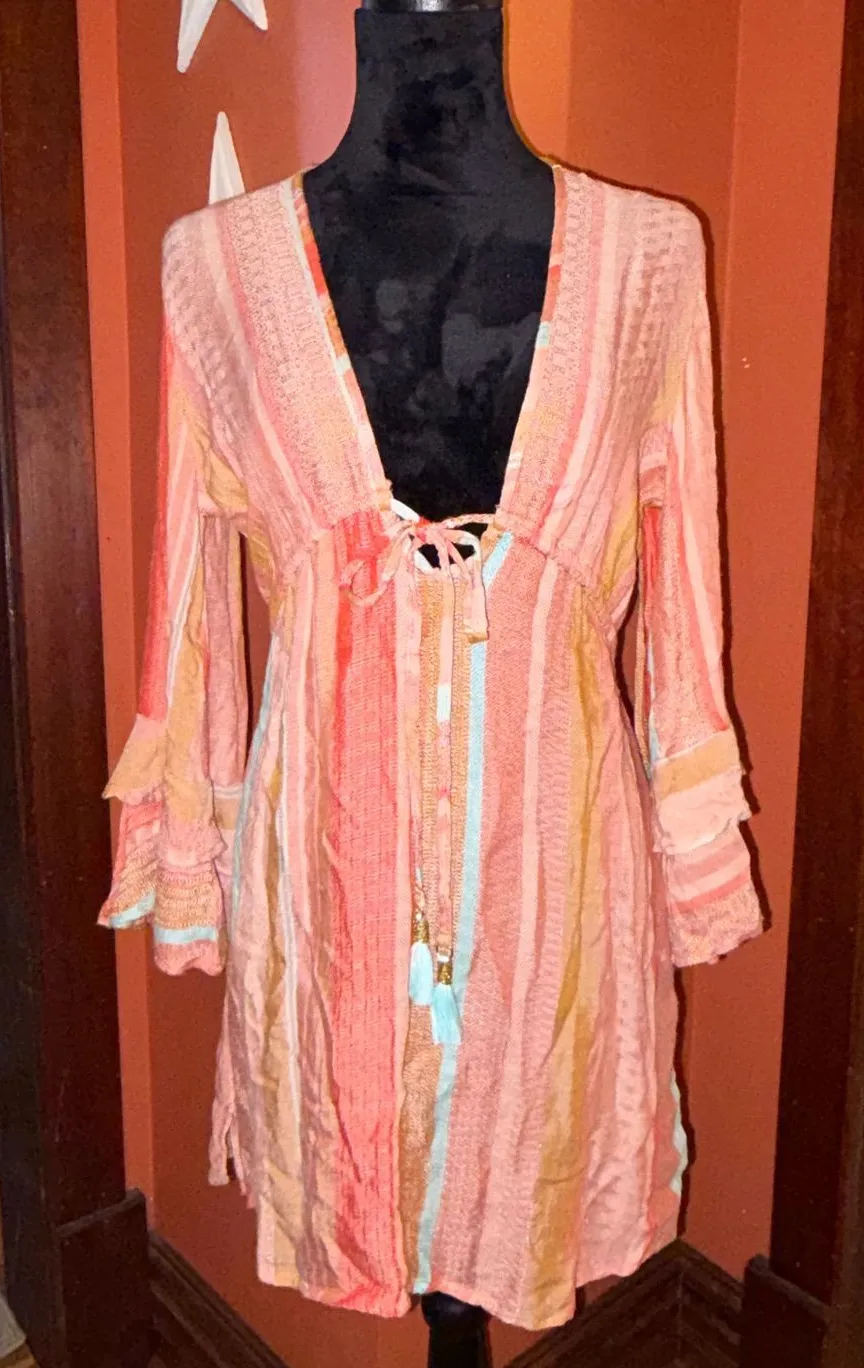 Blue island front tie boho bathing suit cover dress