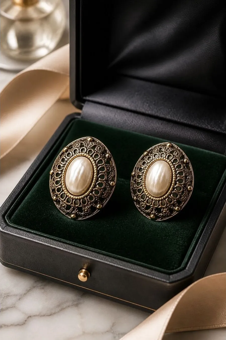 Avon Earrings Gold Tone Faux Pearl Filigree Oval Pierced Post Statement