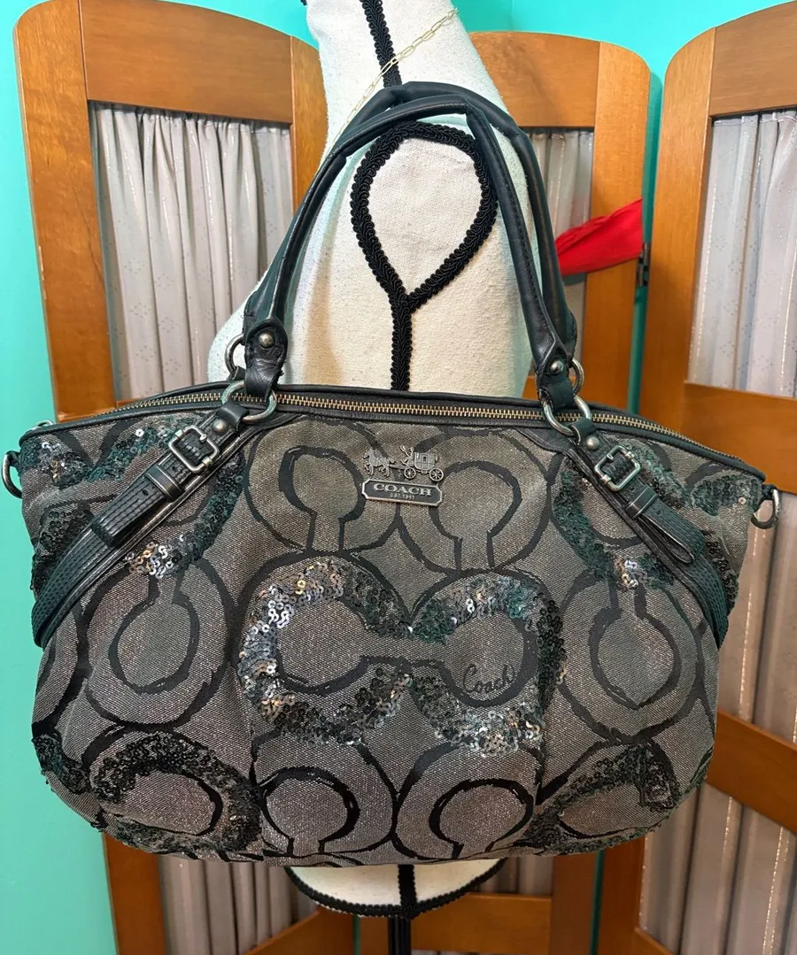 Coach Gray and Black Sequin Heart Tote