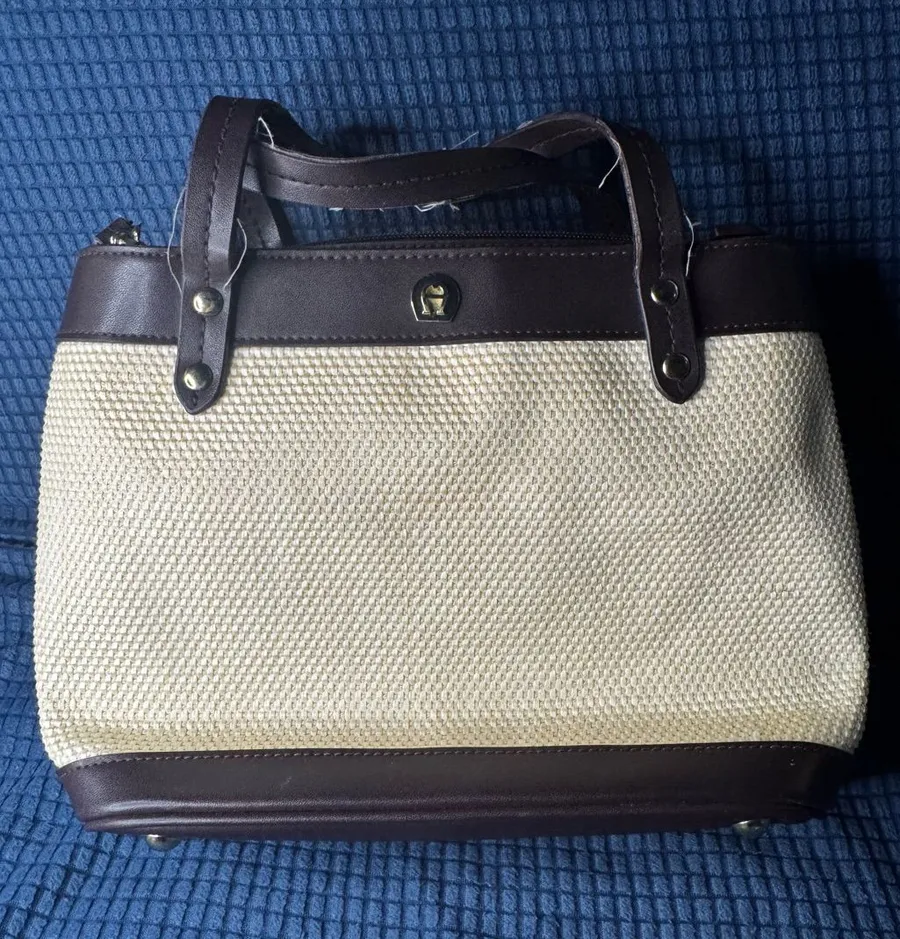 Etienne Aigner Woven Classic Cream and Brown Tote Bag
