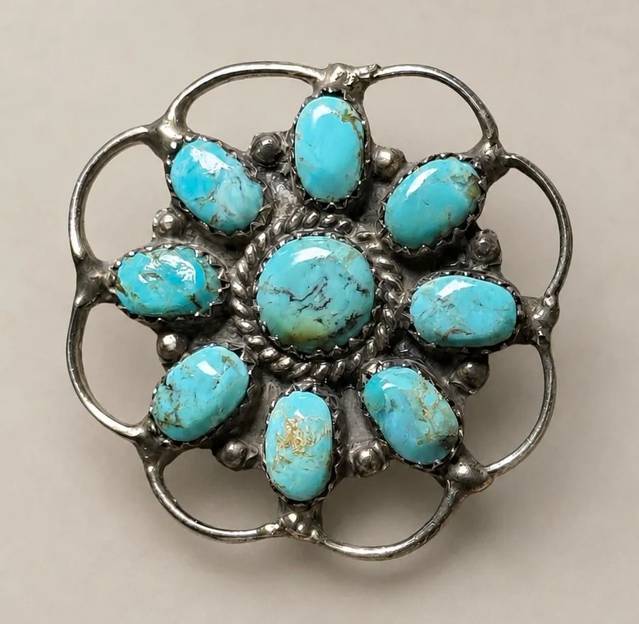 Vintage Navajo Sterling Silver Turquoise Cluster Brooch Pin JW MS Signed 1.5in