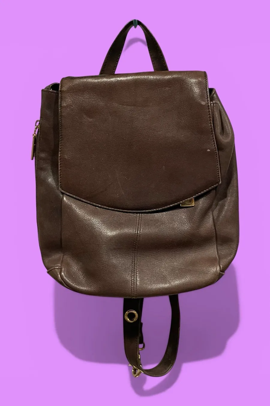 Cute Y2K chocolate brown leather backpack purse sling back gold hardware