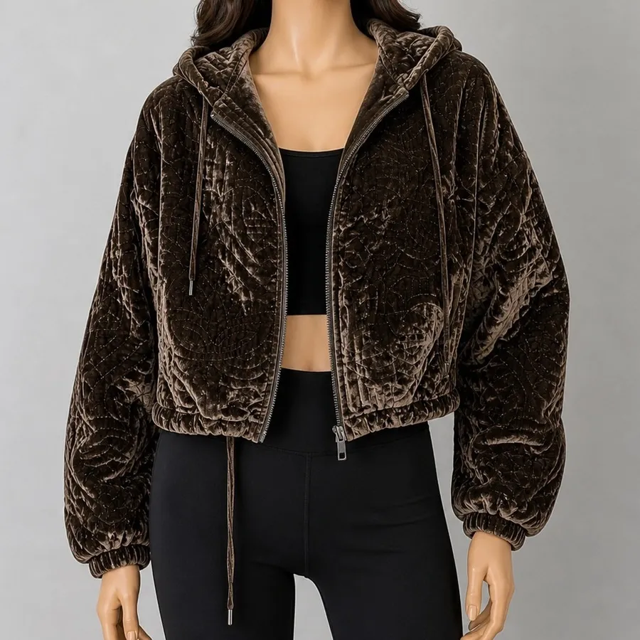 Silence + Noise Womens Puffer Jacket Quilted Velvet Hooded Moss Brown XS/S