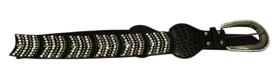 Black Croc Embossed Stretch Belt Rhinestone Buckle Statement Waist Belt OS