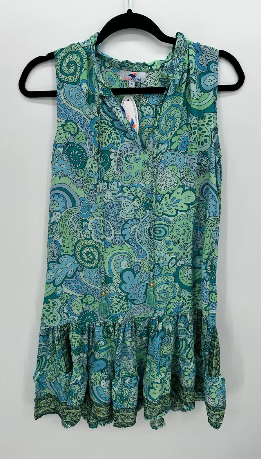 Sunnyoceans Womens Paisley Silk Blend Swim Coverup Sz S Blue Green Retro Ruffle