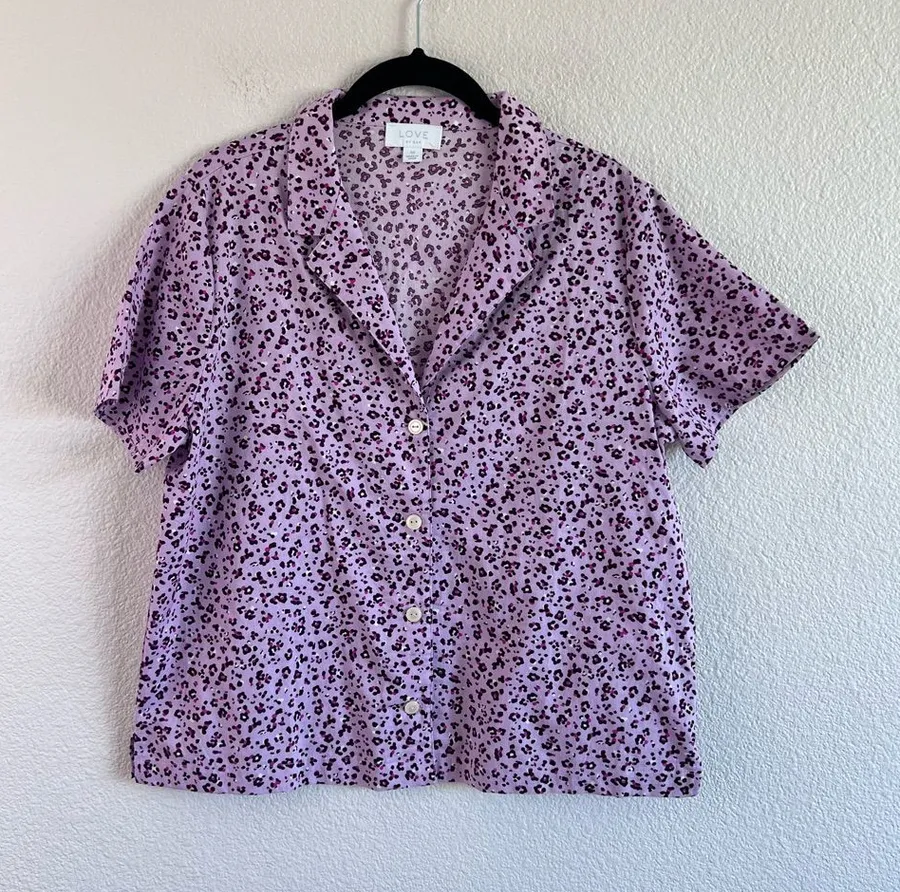 Love by Gap Women's Poplin Collard Short Sleeve Pajama Top Cheetah Print Pink Size M