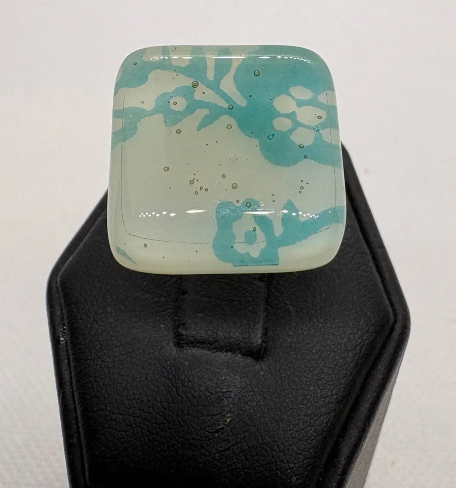 Vintage 925 Sterling Silver Art Glass Square Floral Adjustable Ring Size 6 Aqua
