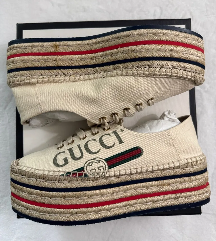 GUCCI Lillibeth Web Canvas Espadrille Sneakers Logo Platform Shoes Sz. 38