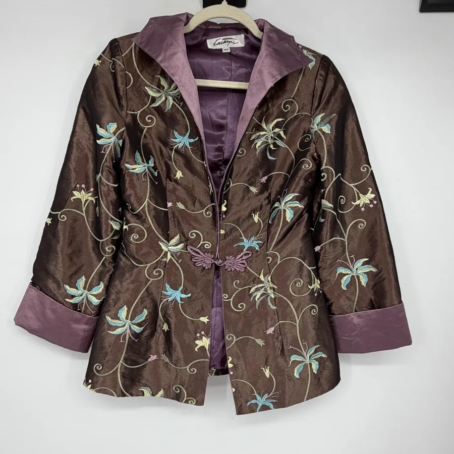 Kathryn XS Brown Silk Blend Floral Embroidered Taffeta Jacket Frog Closure