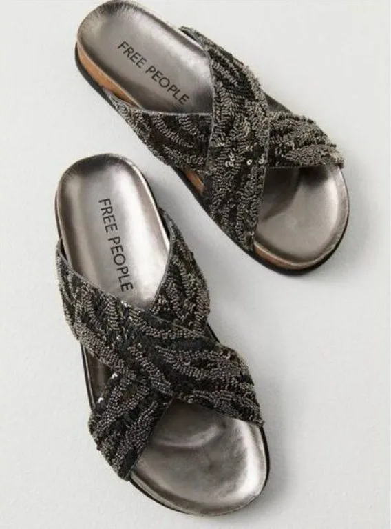 NEW Free People Moon Child Embellished Sandal 39 Black Silver 9 Leather Strap