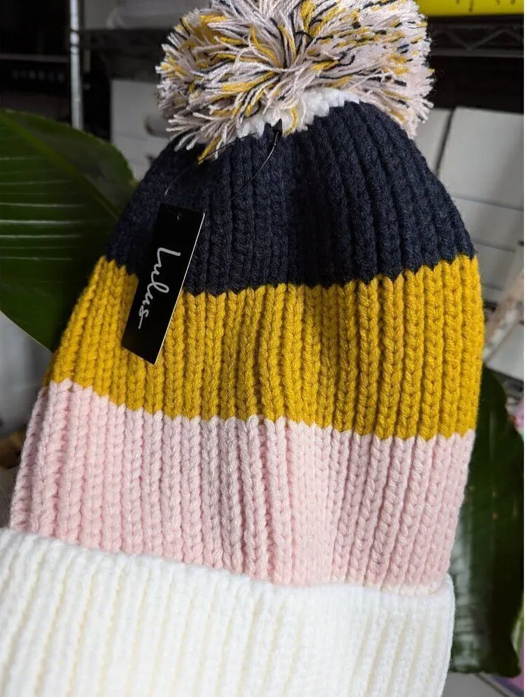 Lulu's Annalise multi color block pom pom beanie