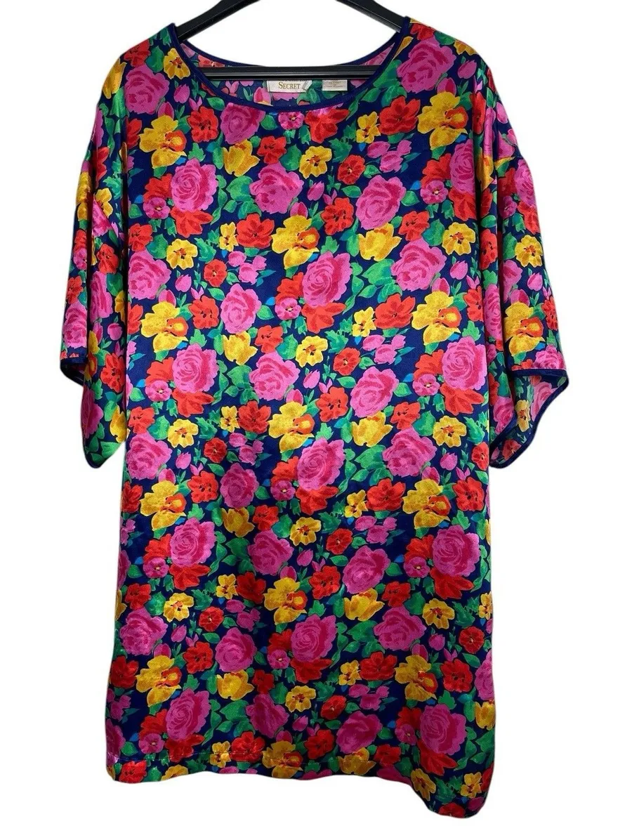 Victoria Secret Bright Floral Satin Feel Short Sleeve Gold Label Nightgown 90s M