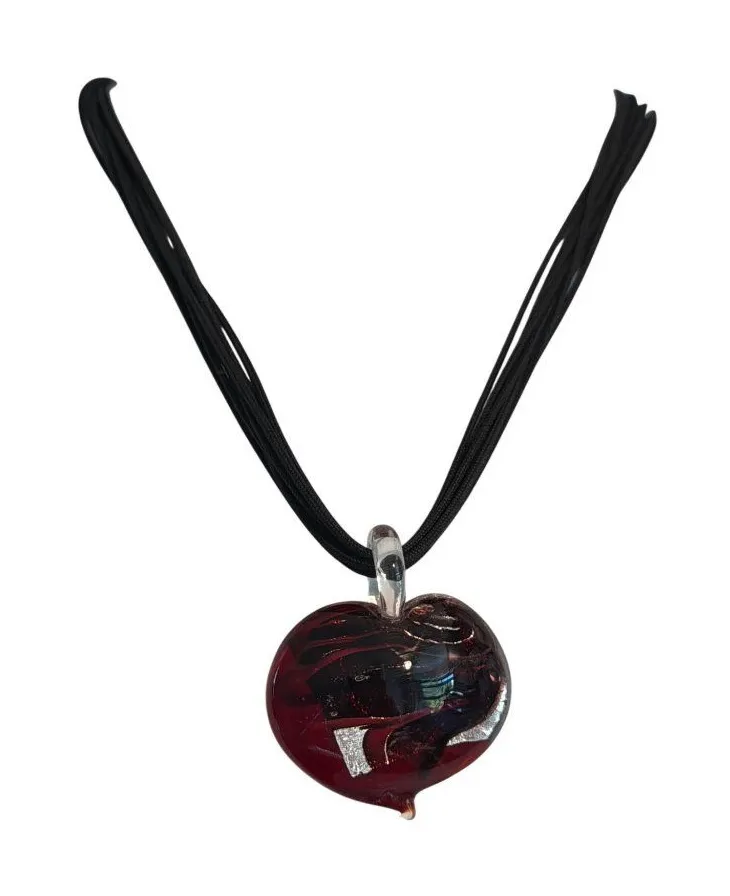 Heart Dichroic Glass Pendant Necklace Black Multi Cord Red Silver Puffy 17"