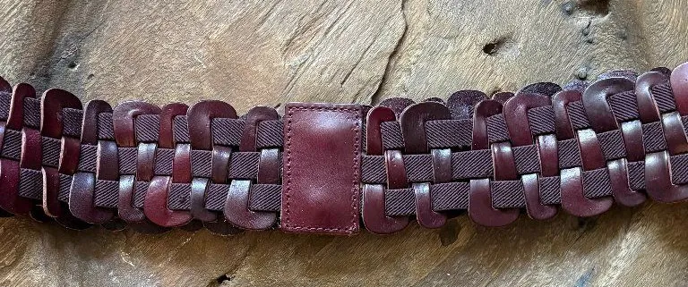 Brown burgundy leather rubber woven women's wide boho belt size large