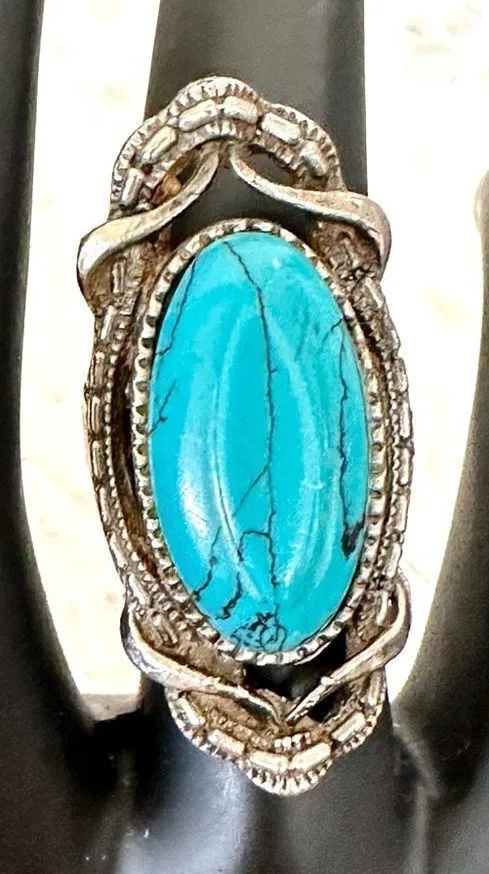 Turquoise tone silver tone adjustable ring