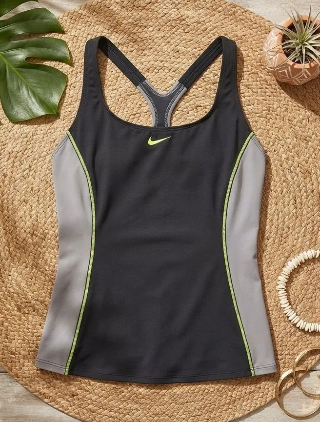 NIKE Swoosh Racerback Tankini Top | Black Grey Neon Green Trim Accent