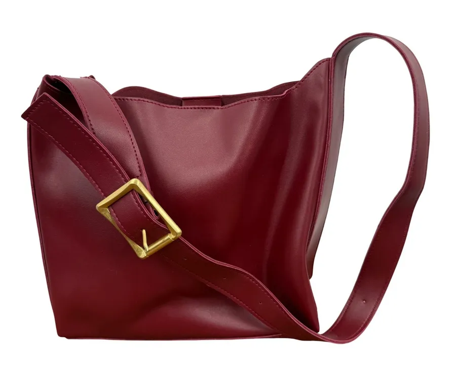 Burgundy Vegan Leather Hobo Shoulder Bag Gold Buckle Strap Maroon Slouchy Tote Red