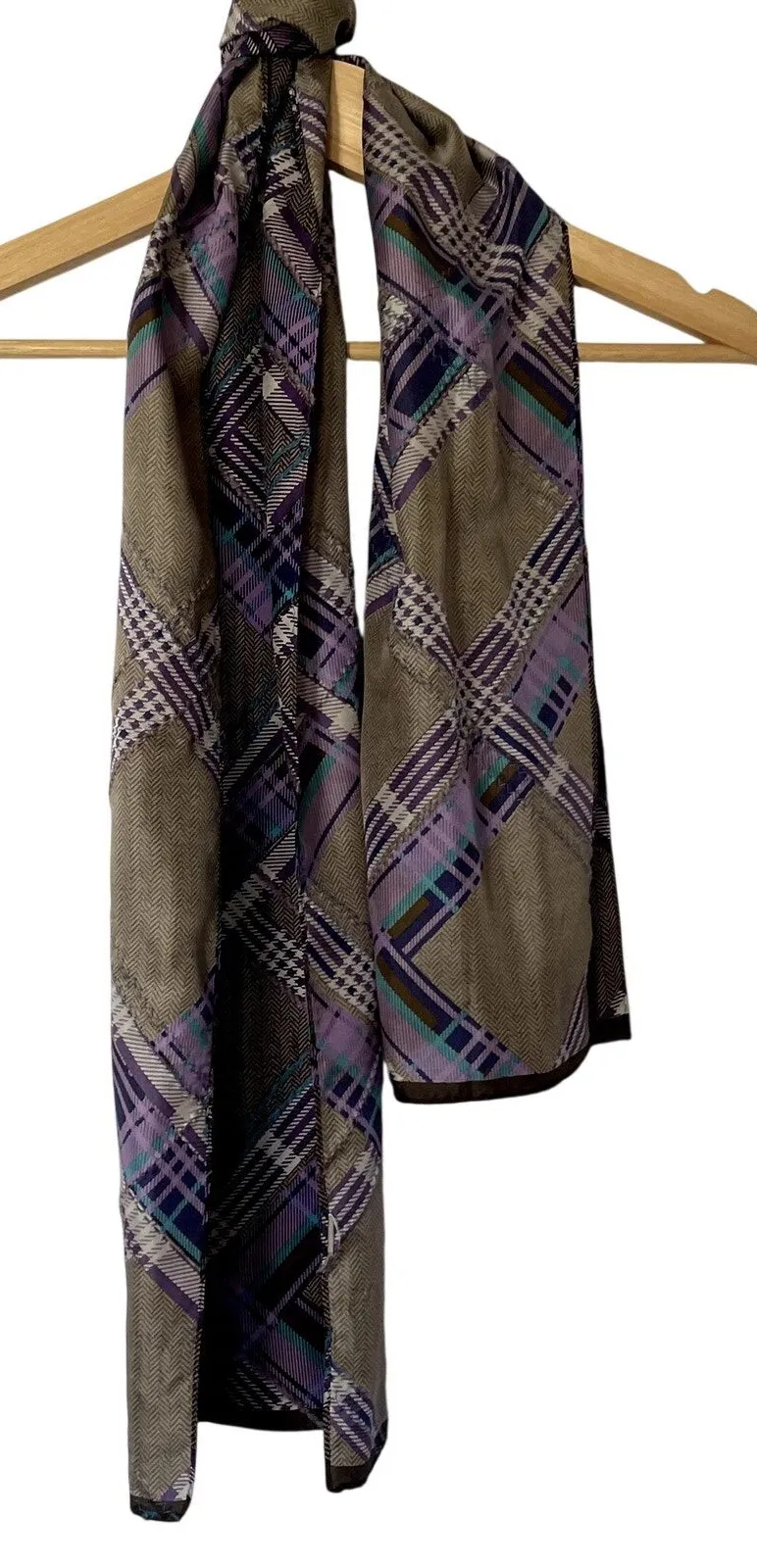 Echo brown blue purple checkered vintage herringbone scarf lightweight