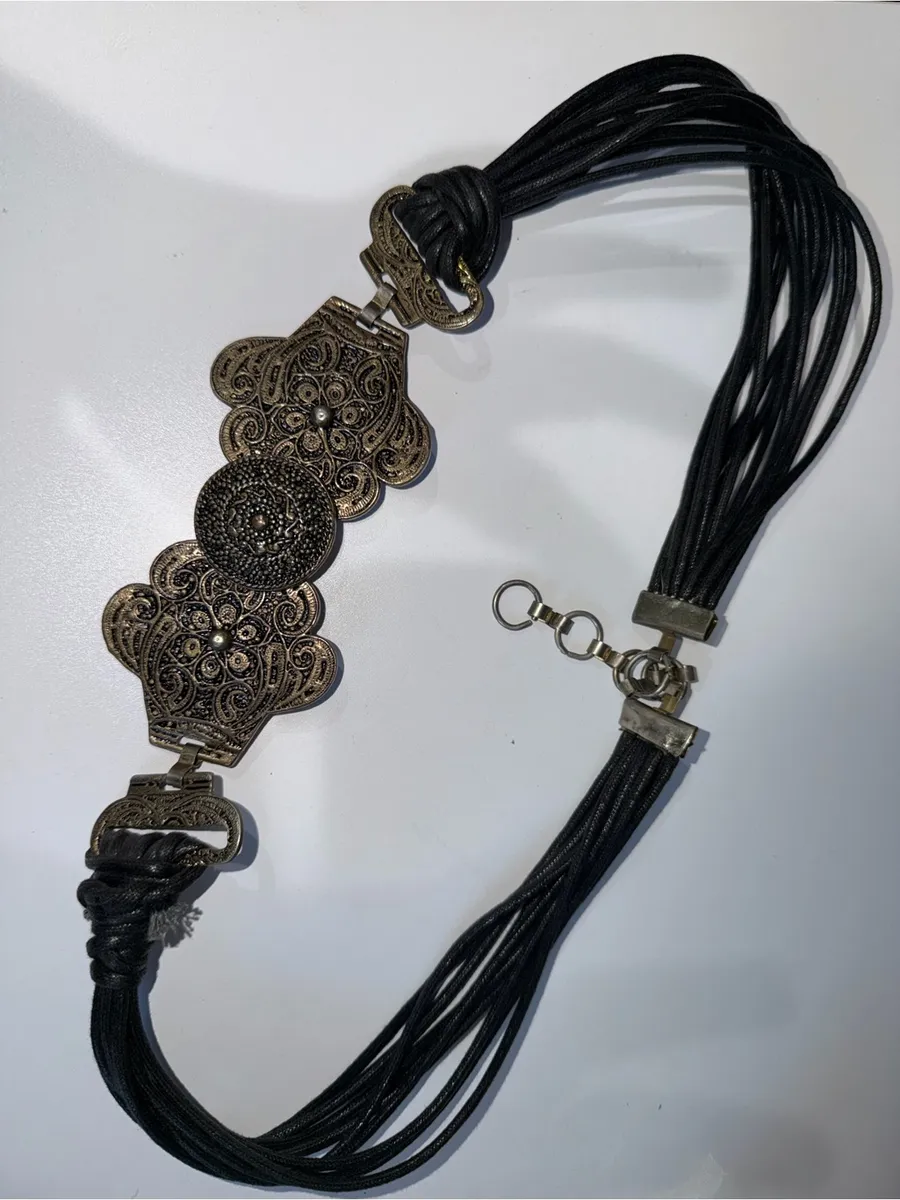 Vintage Belt Gold Floral Metal Buckle Waxed Cotton Cord Boho Western Black