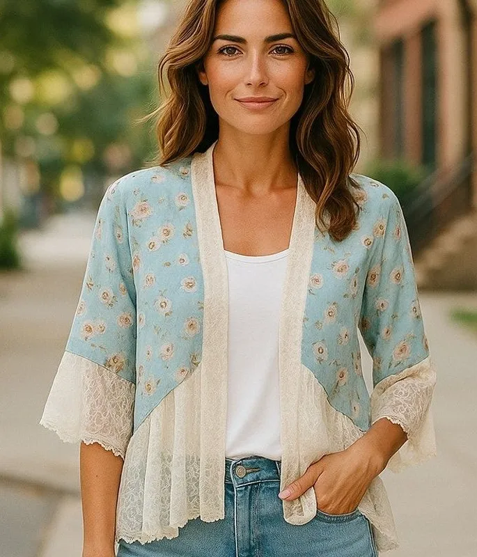 BCBGeneration Women's Blue Lacey Floral Boho Shawl Cape Bohemian Kimono Wrap