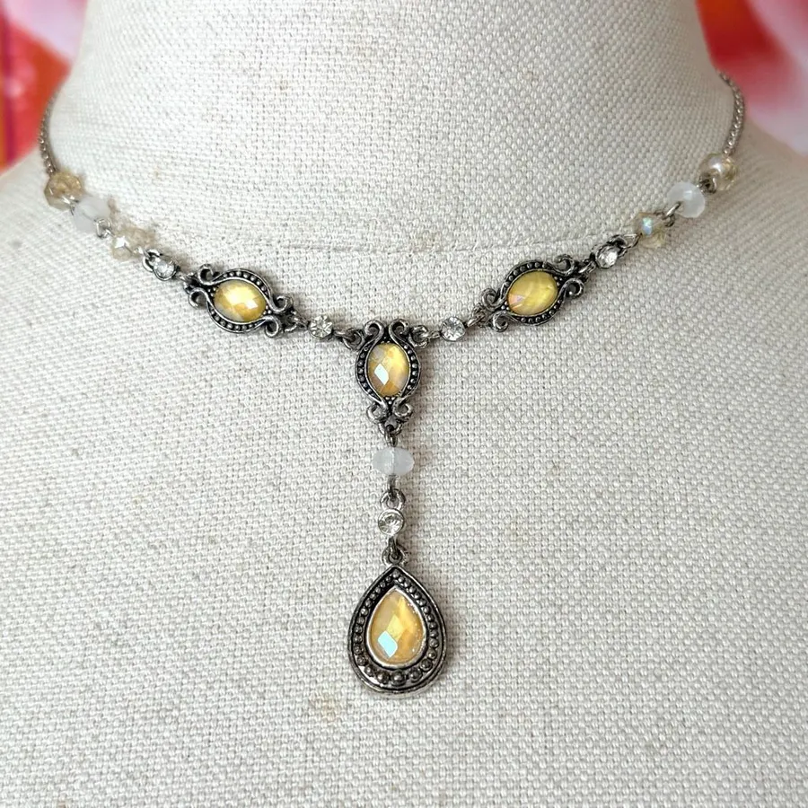 Vintage Avon SH Yellow beaded Y Drop Necklace Silver Tone