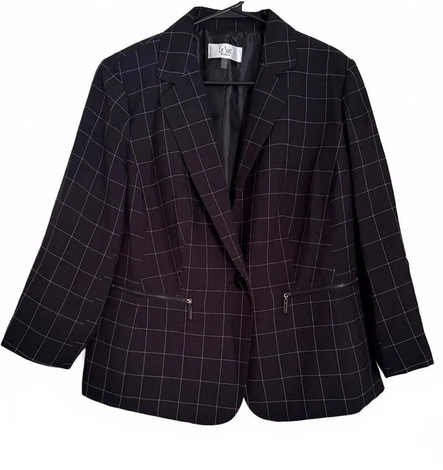 Le Suit Women's Blazer Jacket Size 14W Plaid Check Preppy Office Classic Black