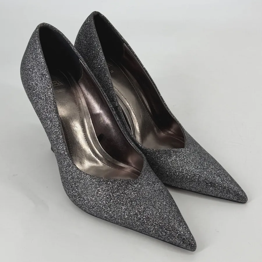 Zara Womens Silver Glitter Sparkle Pointed Toe Stiletto Heel Pumps Size 38 7.5