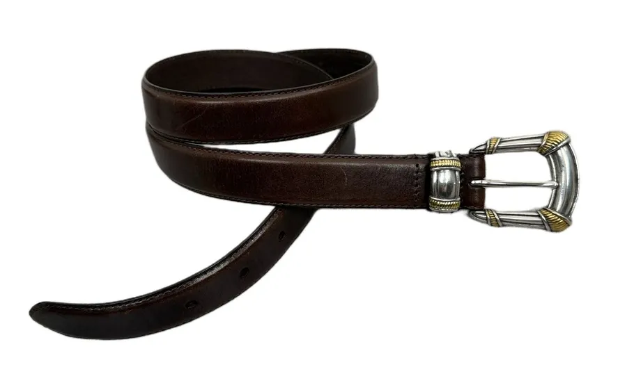Fossil Belt Womens Large Brown Silver Two Tone Western Buckle Genuine Leather