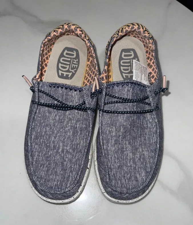 Hey Dude Kids Slip-On Moccasins in Heather Navy with Peach Lining