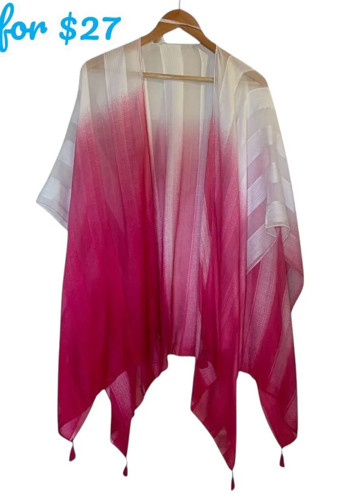 OMBRE Fuschia Pink/White Tassel Beach Swim Cover Up Kimono Jacket Topper